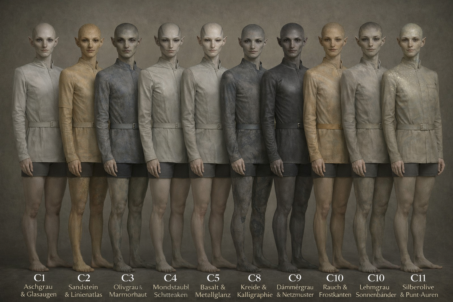 Beschriftete Vergleichsansicht mehrerer Phänotyp-Cluster der Enari.