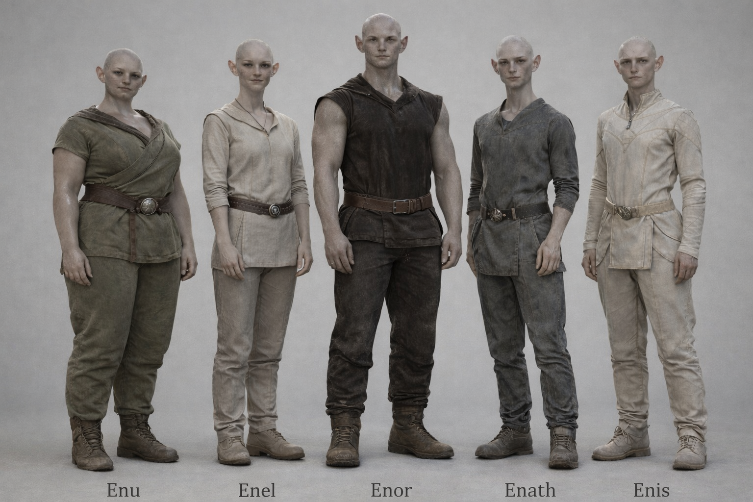 Captioned comparison view of the five Enari genders.